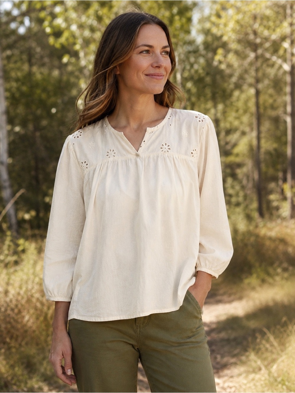 Toad&Co Cream Eyelet Yoke Peasant Top Organic Cotton Cottagecore